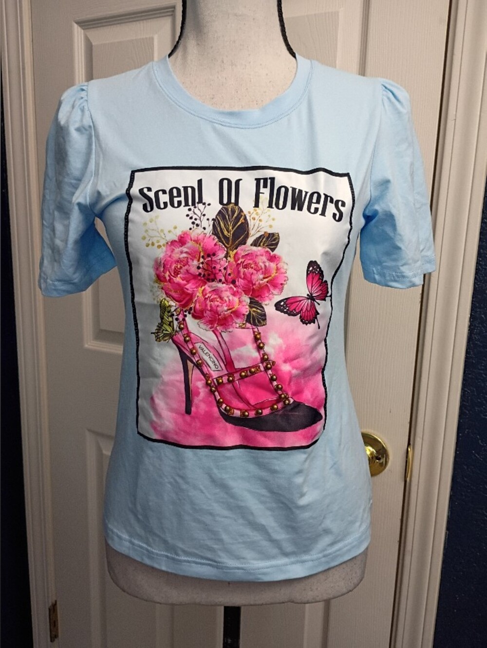 ambition Light Blue Floral Graphic Tee with Pink Accents